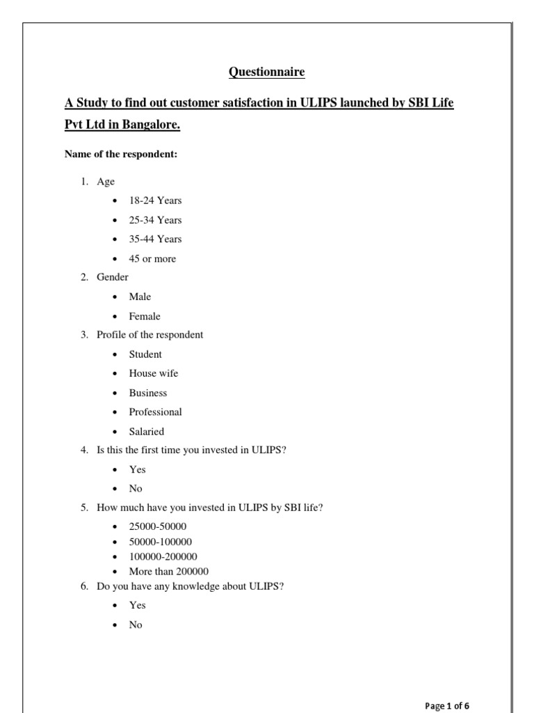 Questionnaire On ULIPS PDF Investing Insurance