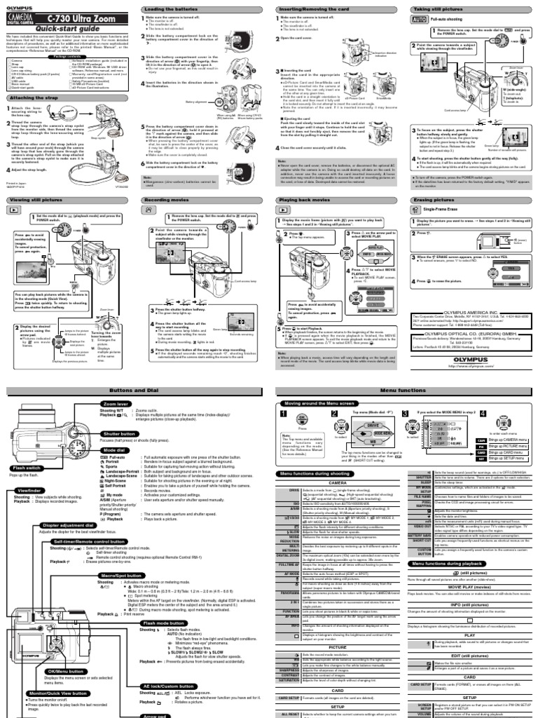 Quick Start Guide for the Olympus C730 Ultra Zoom Digital Camera An