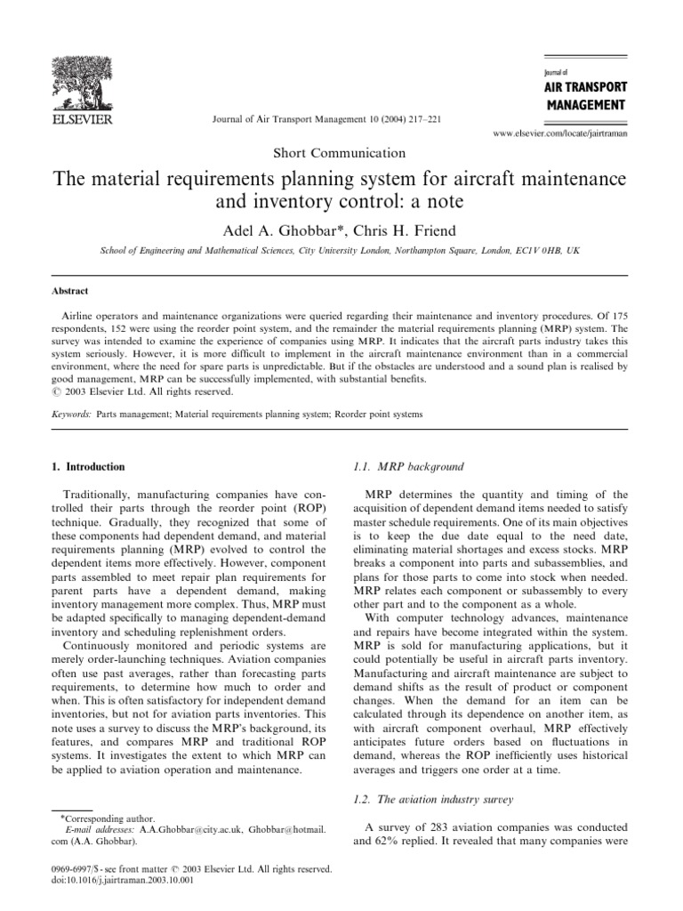 MRP in Aircraft Maintenance Management | PDF | Inventory | Service ...