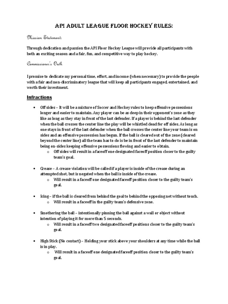 Api Adult League Floor Hockey Rules Games Of Physical Skill
