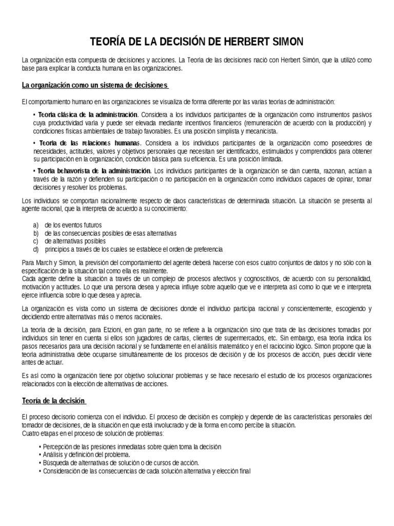 Teoría de La Decisión de Herbert Simon | PDF | Racionalidad | Toma de ...