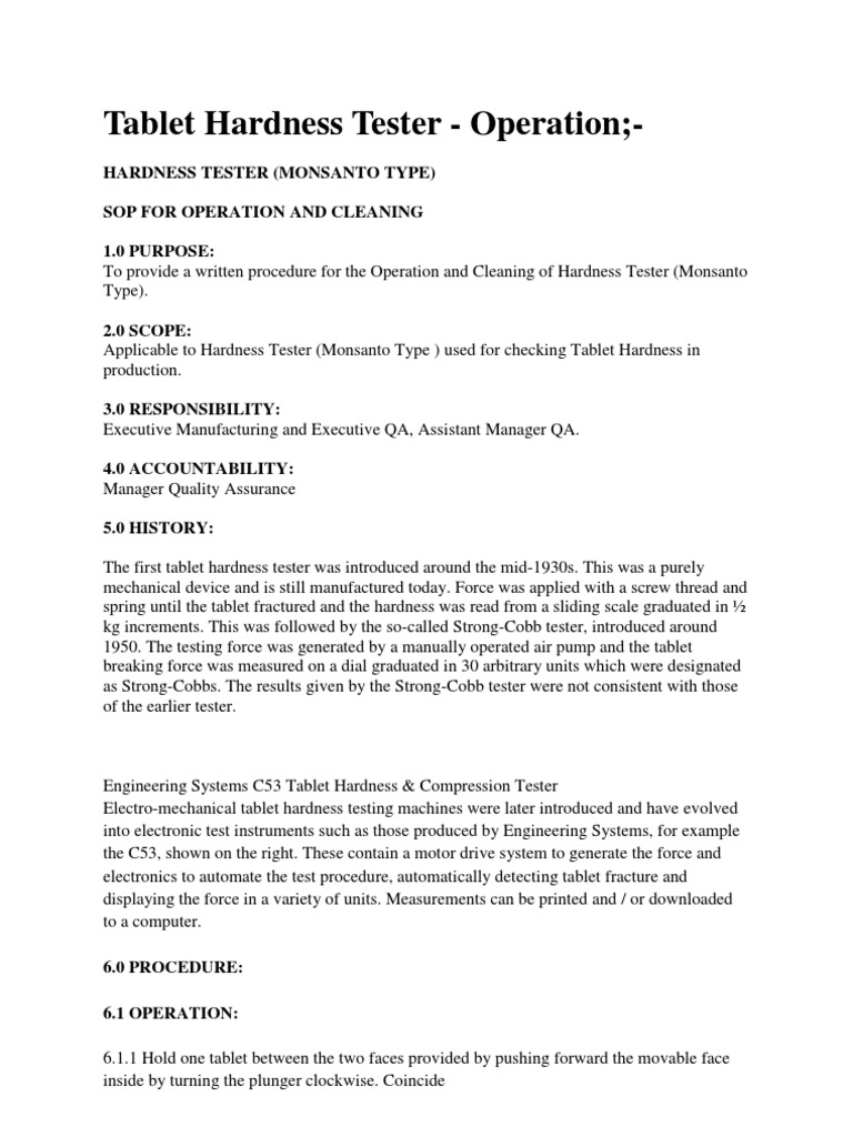 Hardness Tester (Monsanto Type) Sop For Operation and Cleaning 1.0