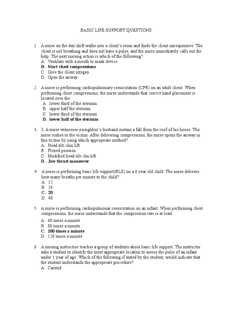 Basic Life Support Questions Cardiopulmonary Resuscitation Health Care