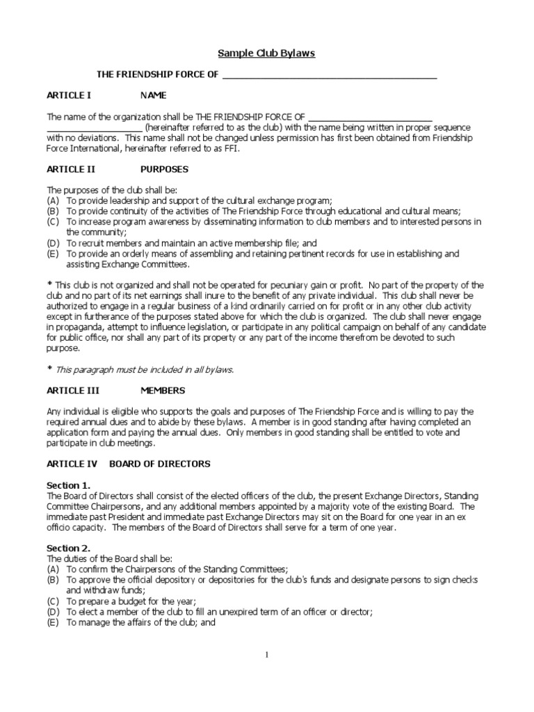 Club by Laws Sample PDF Committee Board Of Directors