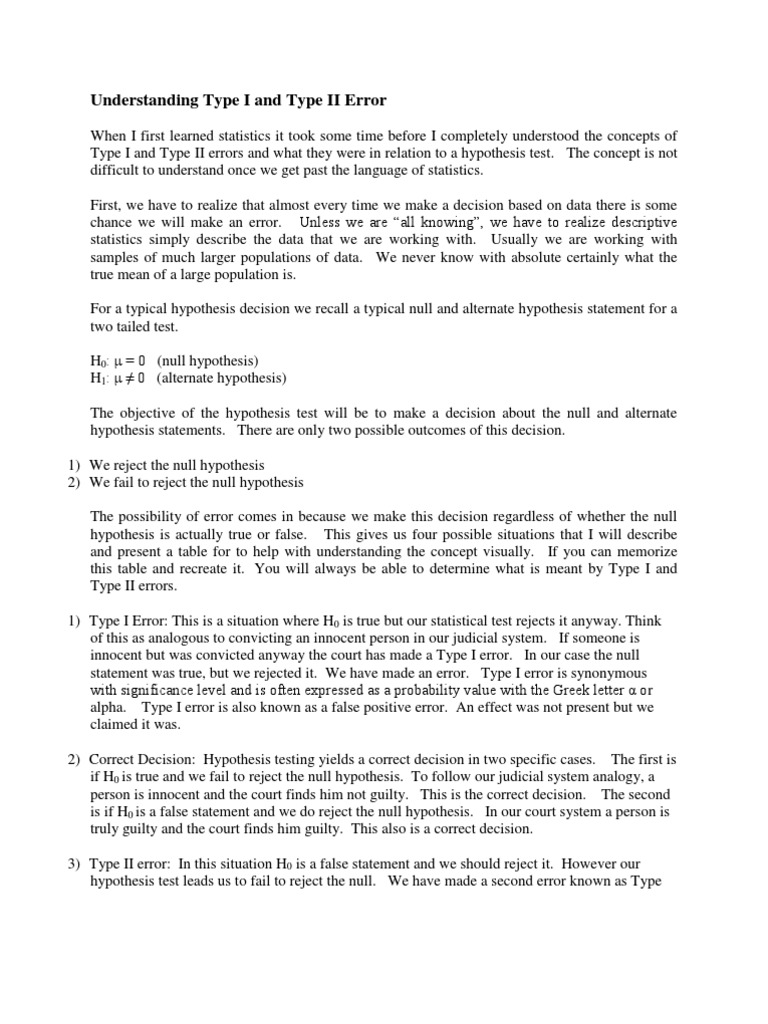 Understanding Type I and Type II Error | PDF | Type I And Type Ii ...