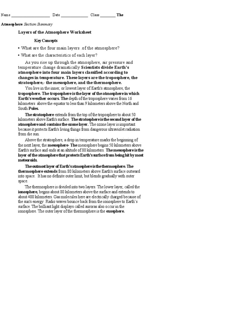 Layers of Earth's Atmosphere Worksheet | PDF