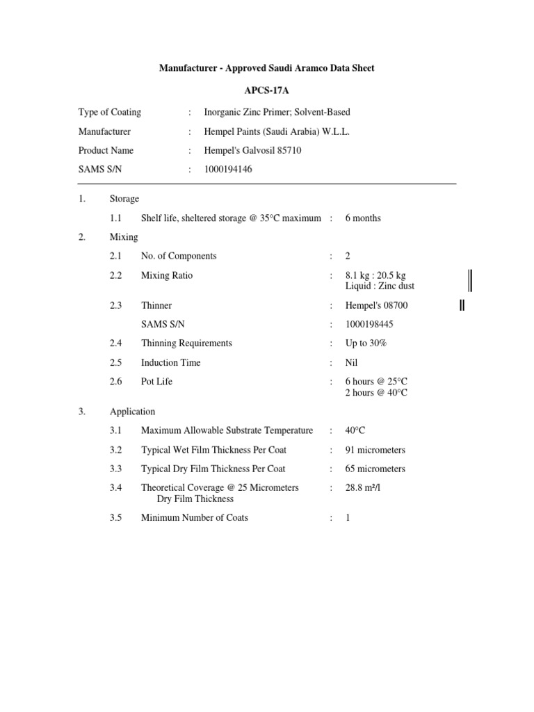 ManufacturerApproved Data Sheet for Hempel's Galvosil 85710