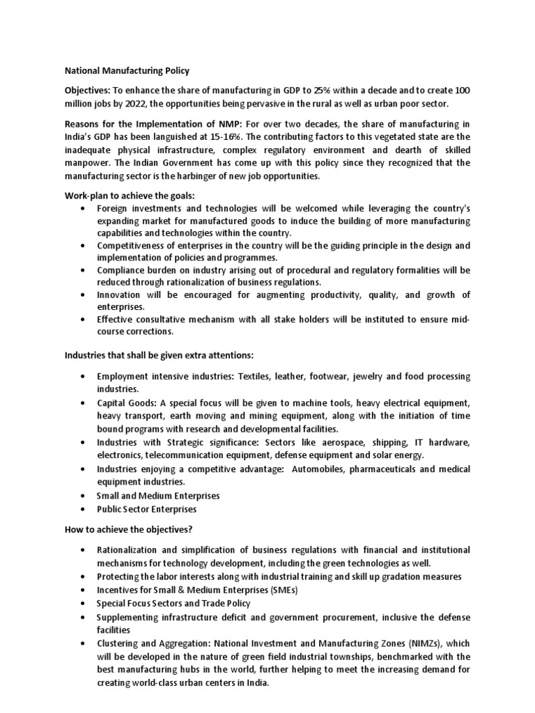 National Manufacturing Policy Overview | PDF | Employment | Industries