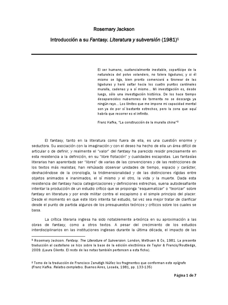 Rosemary Jackson Introducción A Fantasy, Literatura y Subversión