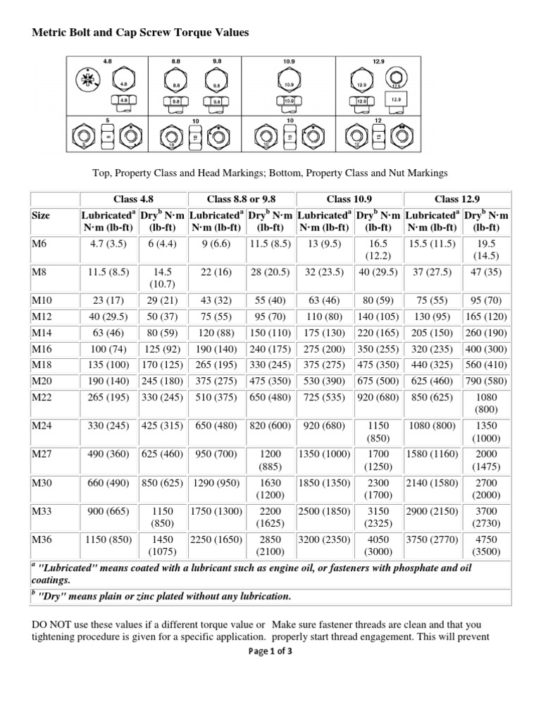 Metric Bolt and Cap Screw Torque Values Screw Nut (Hardware)