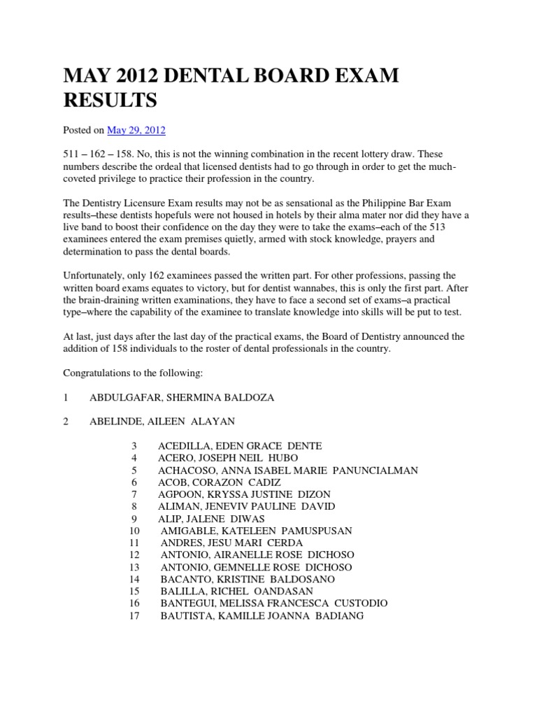 May 2012 Dental Board Exam Results PDF Vocational Education Face
