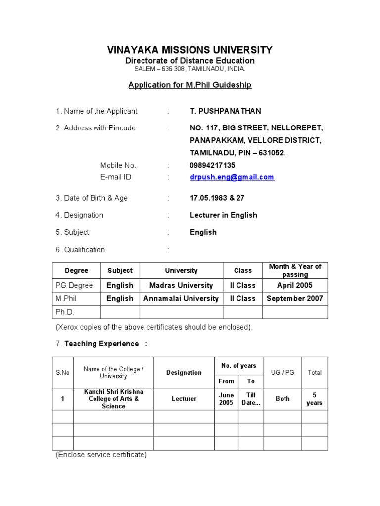 M.Phil Guideship Application Form | PDF | Career & Growth