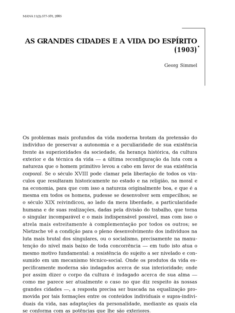 Georg Simmel - As Grandes Cidades e A Vida Do Espírito | PDF