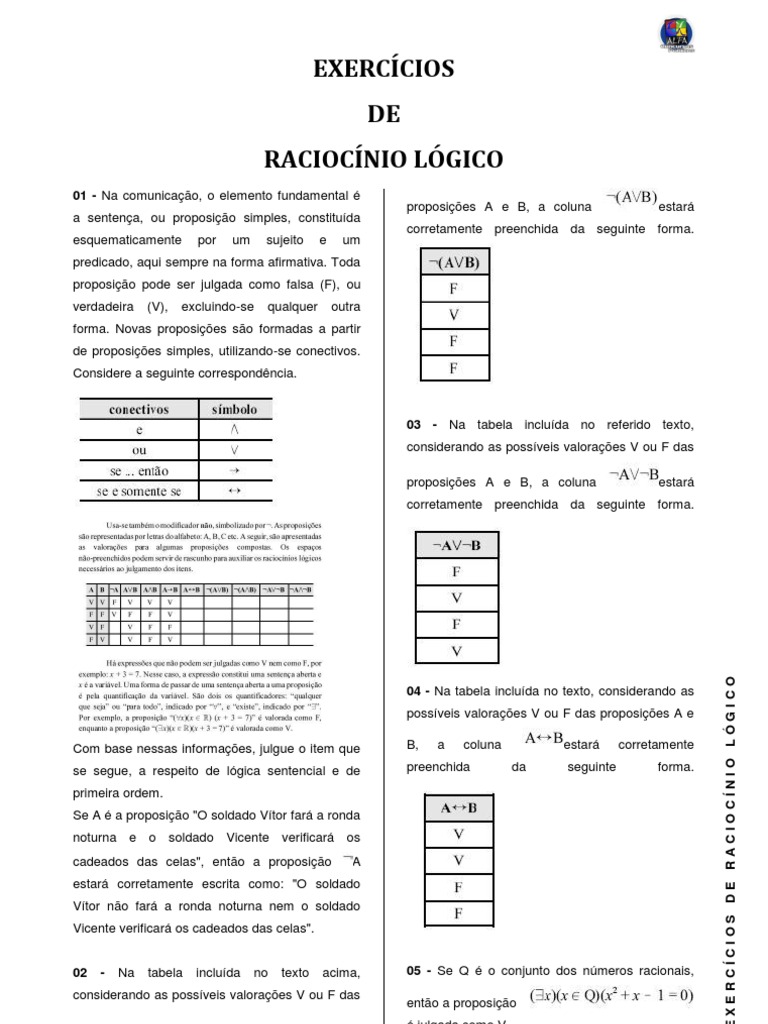 Exercícios de Raciocínio Lógico | PDF | Proposição | Lógica