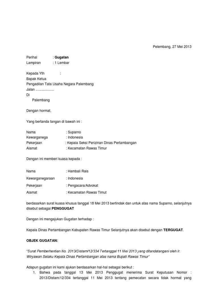 Contoh Surat Gugatan Ptun Pemberhentian Pns Contoh Lif Co Id