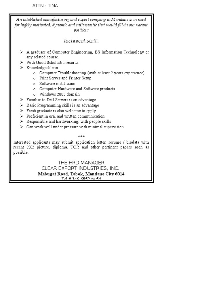 Job Opening: Technical Staff in IT | PDF | Computing | Computer Engineering
