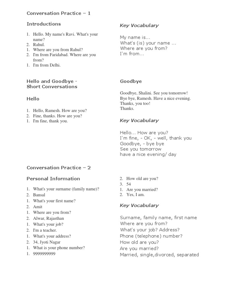 Conversation Practice - 1 Introductions: Key Vocabulary | PDF | Career ...