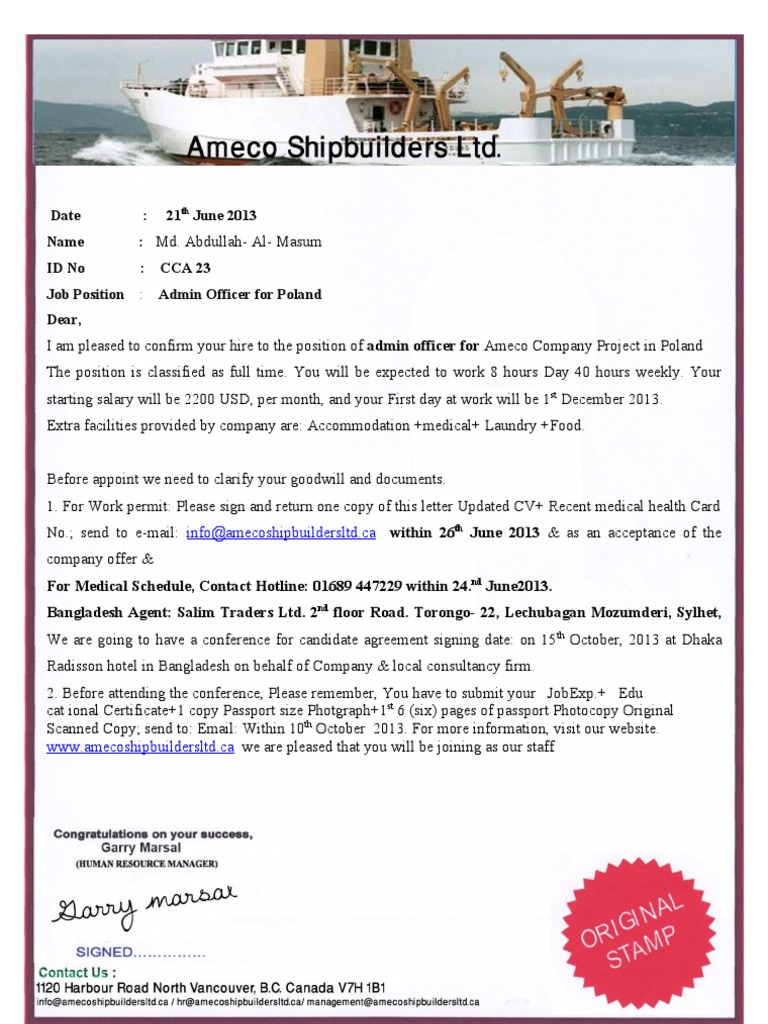 Offer Letter for Poland