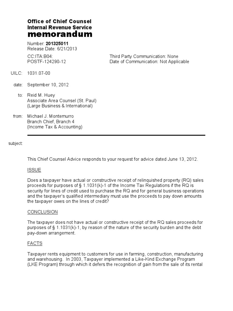 Constructive Receipt of Relinquished Property LTR 1325011 Private