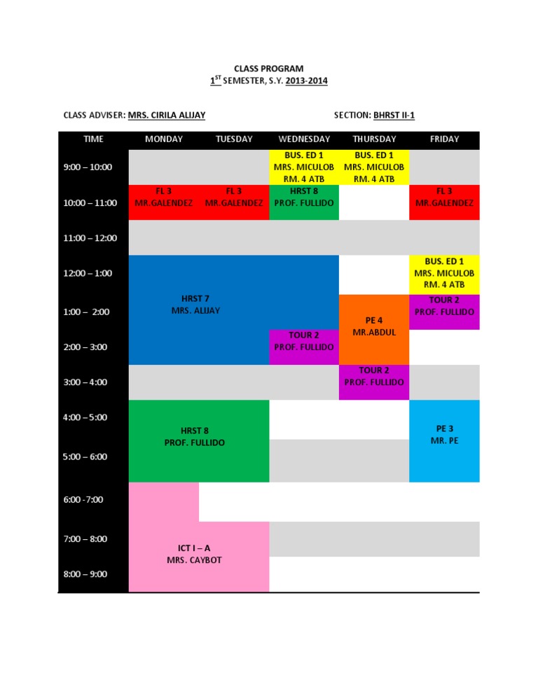 Time Monday Tuesday Wednesday Thursday Friday 9:00 - 10:00: Class ...