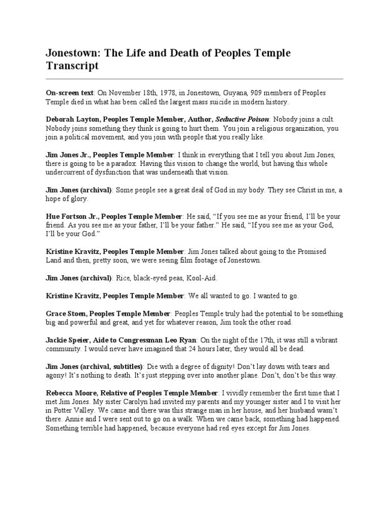 Jonestown Transcript PDF Religion And Belief