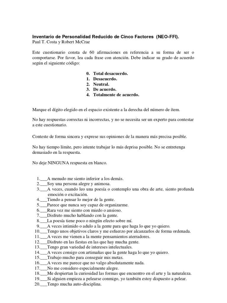 Cuestionario NEO-FFI: Inventario de Personalidad | PDF | Relaciones ...