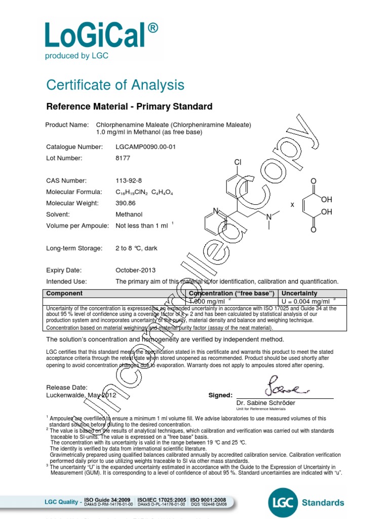 Certificate of Analysis Reference Material Primary Standard PDF