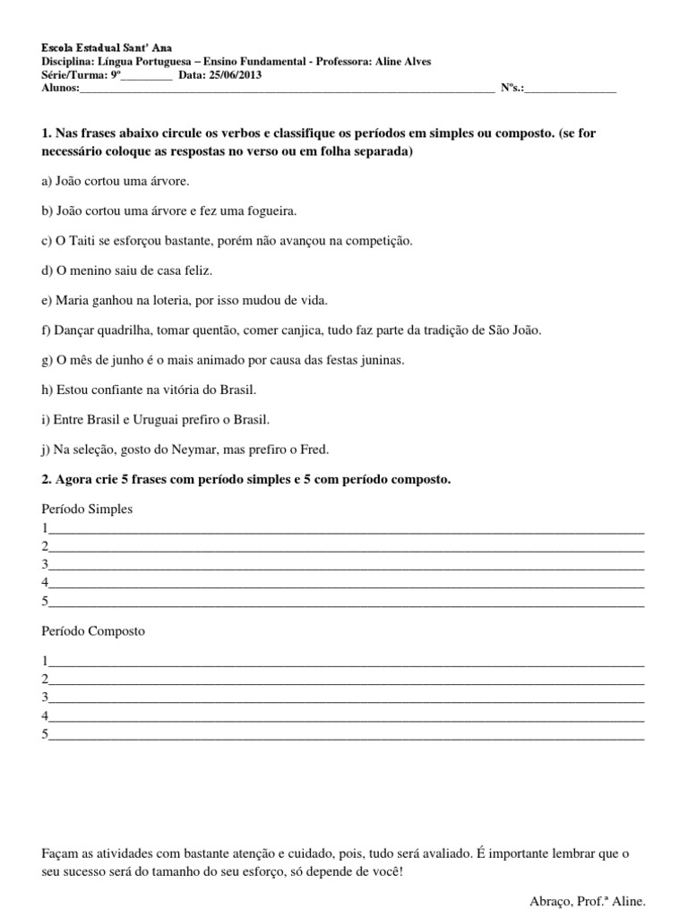 Atividade 9º Ano Periodo Simples e Composto | PDF