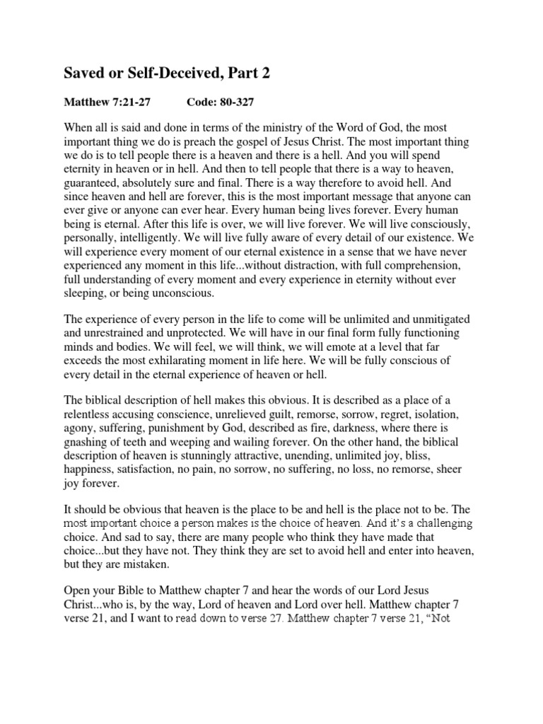 Saved Or Self Deceived Part 2 Matthew 7 21 27 Code 80 327 Pdf