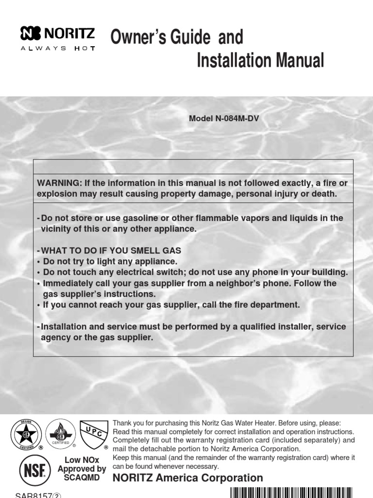 Installation Manual - Noritz Tankless Water Heater | PDF | Water Heating |  Valve
