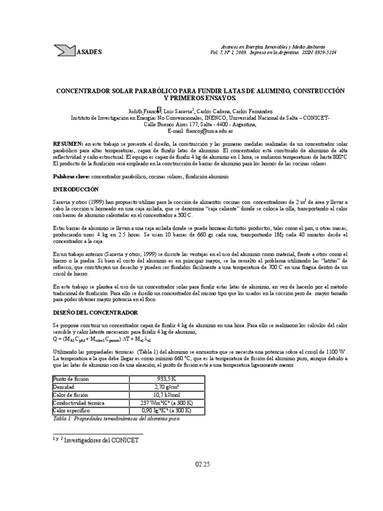 Concentrador Solar para Fundir Latas de Aluminio | PDF | Aluminio | Calor