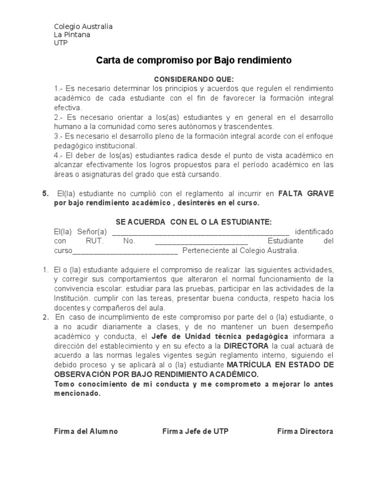 Carta de Compromiso Por Bajo Rendimiento