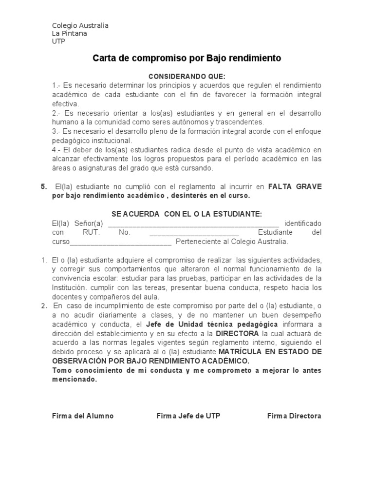 Carta de Compromiso Por Bajo Rendimiento | PDF