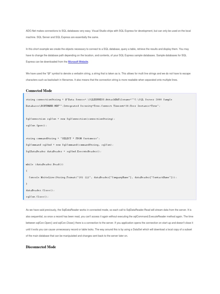 Connect to SQL Server Express with ADO.Net | PDF
