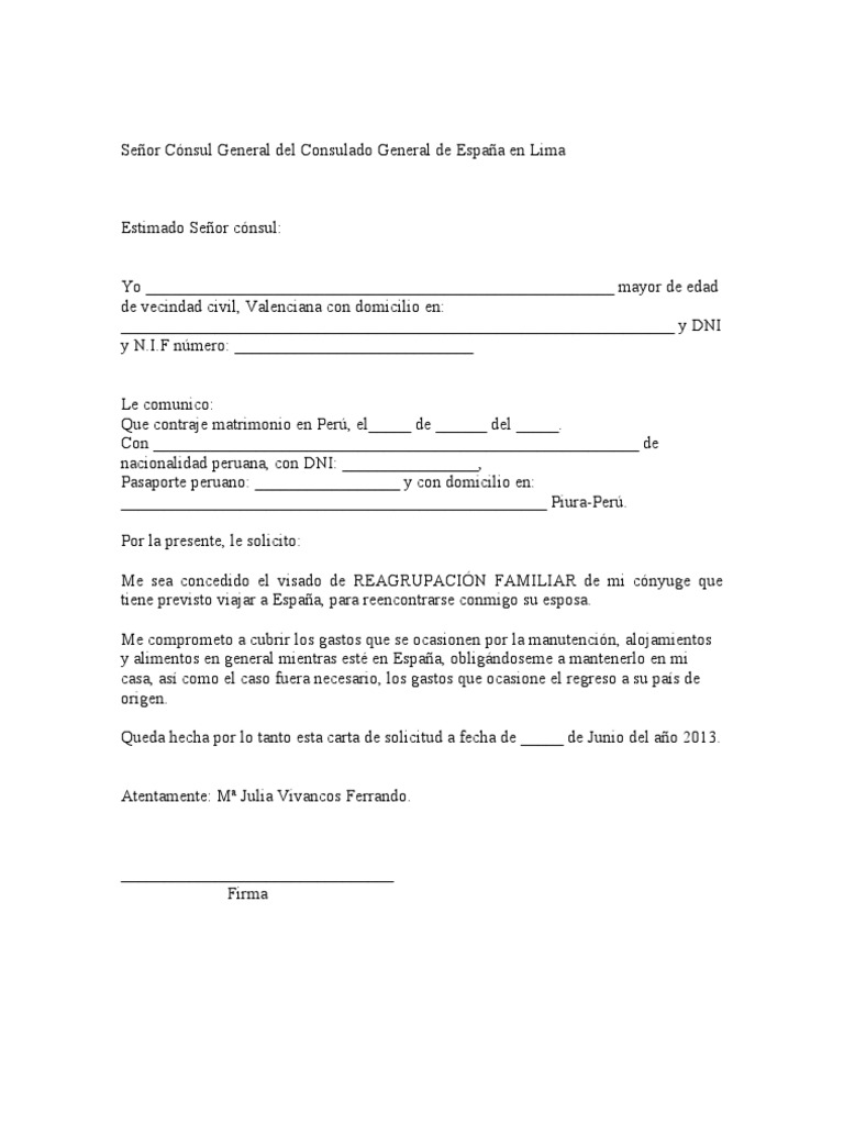 Carta Simple Visa De Reagrupacion Familiar Pdf