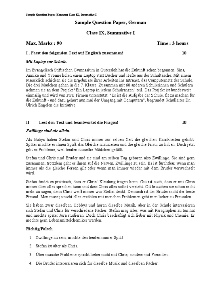 German Solved Question Paper Pattern | PDF
