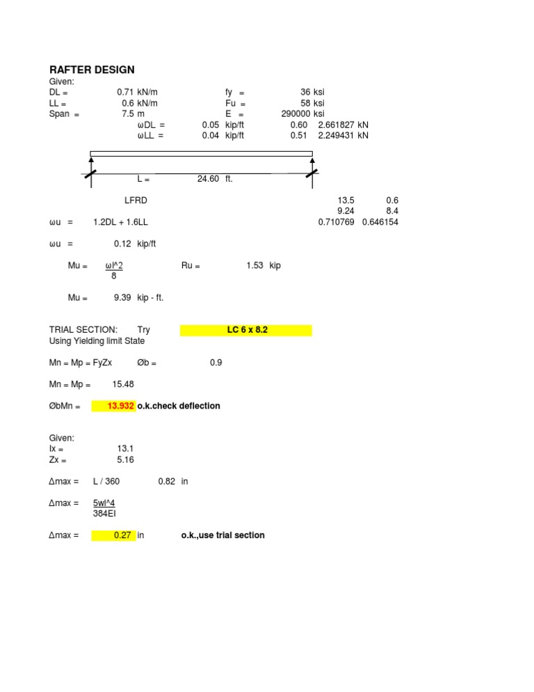 Rafter Design Calculations and Analysis | PDF