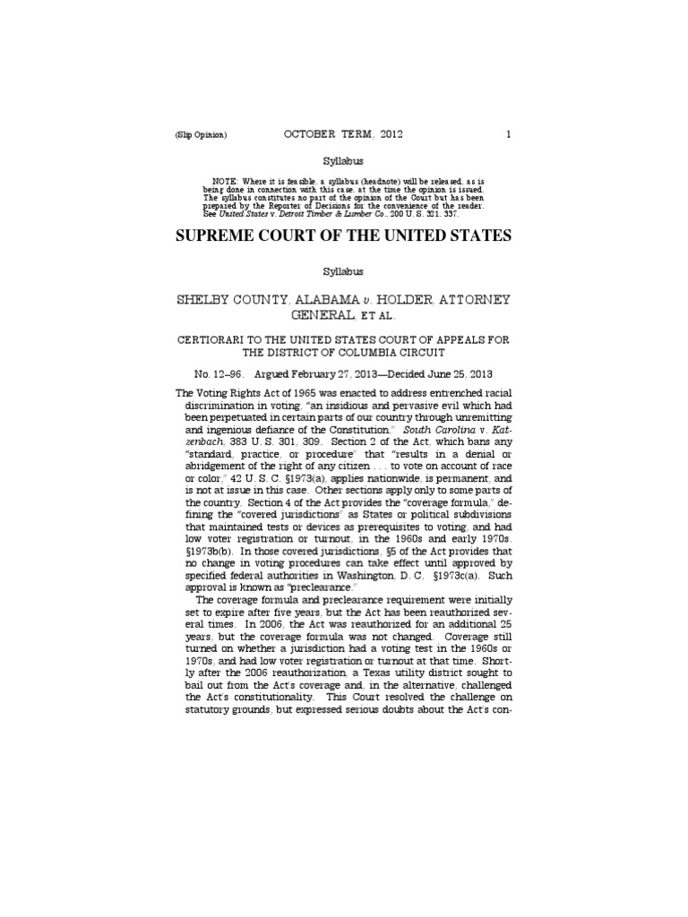 Shelby County v. Holder Voting Rights Act Of 1965 U.S. State Free