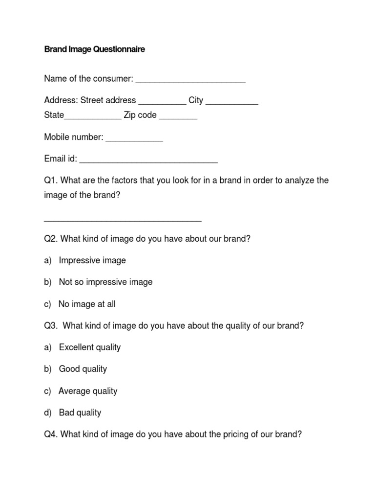 Brand Image Analysis Questionnaire Brand Business