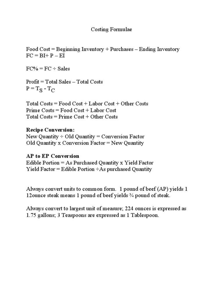 Essential Costing Formulae for Food Industry | PDF | Wellness
