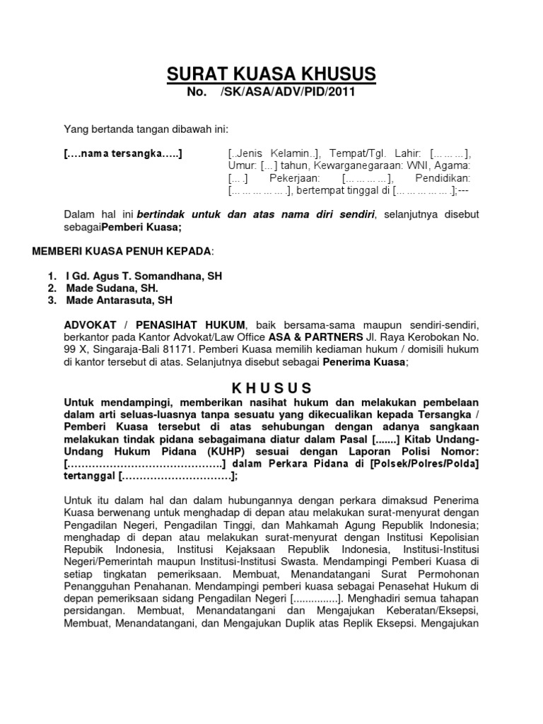 Contoh Surat Kuasa Khusus Pidana