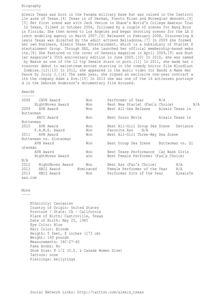 Alexis Texas Biography | PDF | Entertainment | Arts (General)