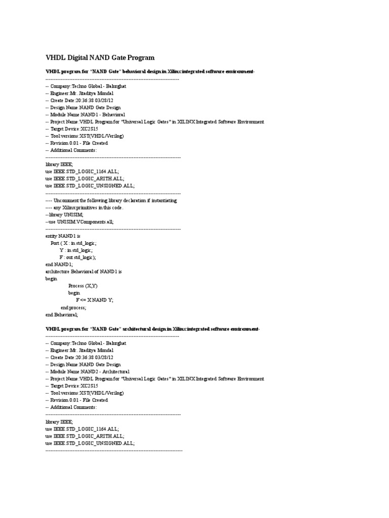 VHDL NAND and NOT Gate Designs | PDF | Vhdl | Logic Gate