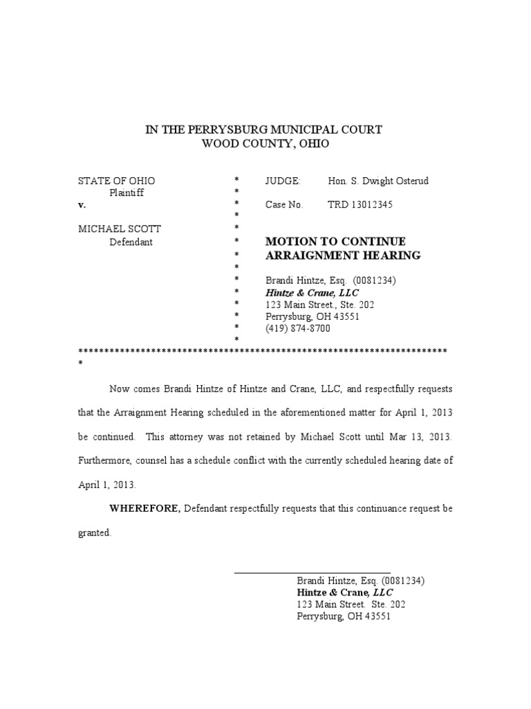 Motion to Continue Arraignment Hearing | PDF