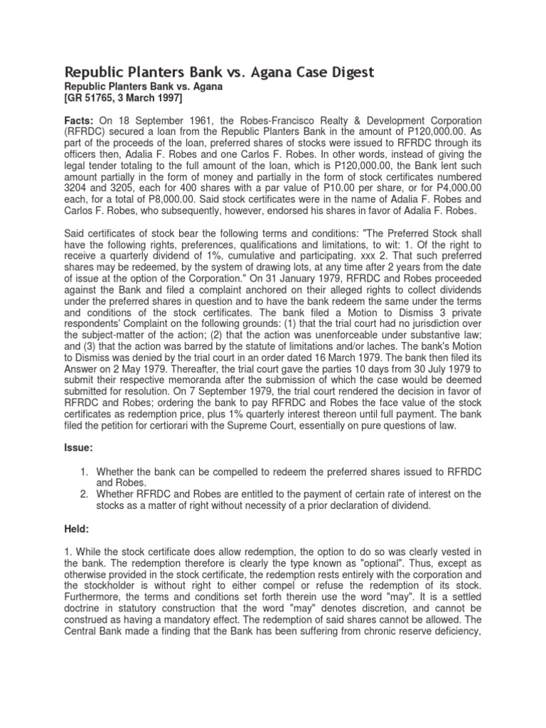Republic Planters Bank vs. Agana Case Digest PDF Preferred Stock