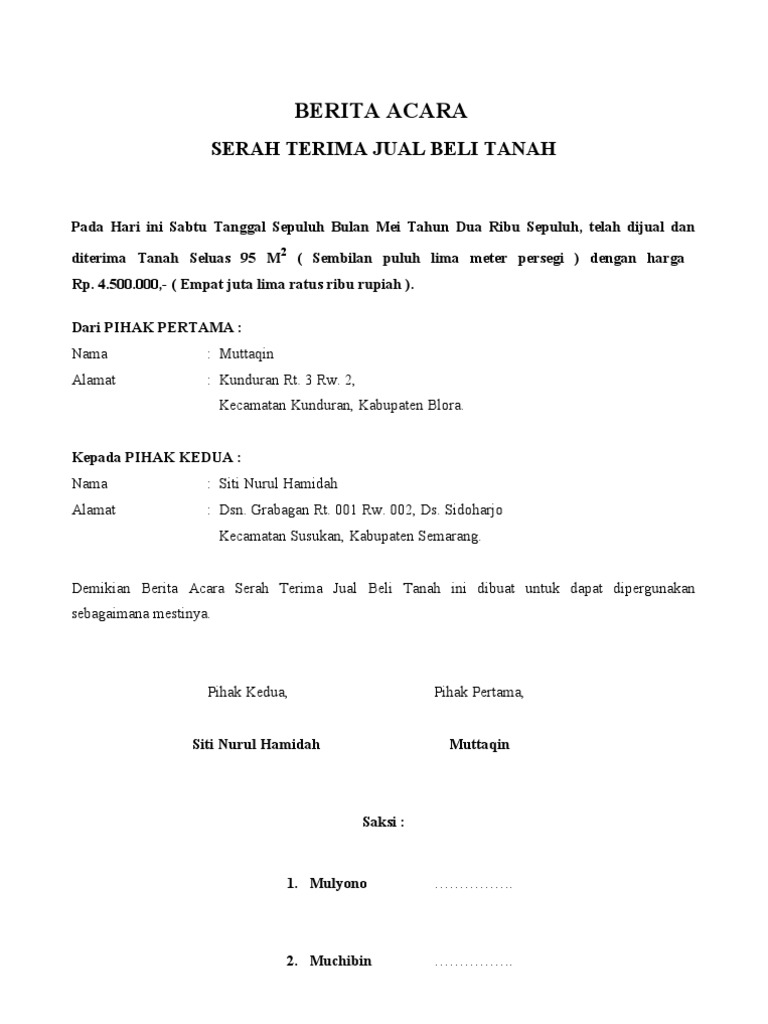 BERITA ACARA Serah Terima Jual Beli Tanah