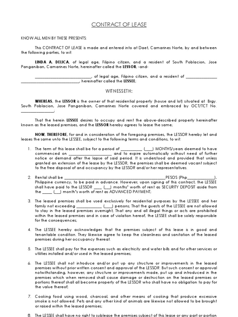 CONTRACT of LEASE Blank Template | PDF | Lease | Civil Law (Common Law)