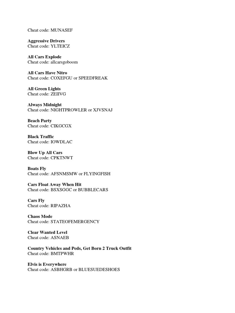 GTA San Andreas Cheat Codes Guide | PDF | Shotgun | Odds