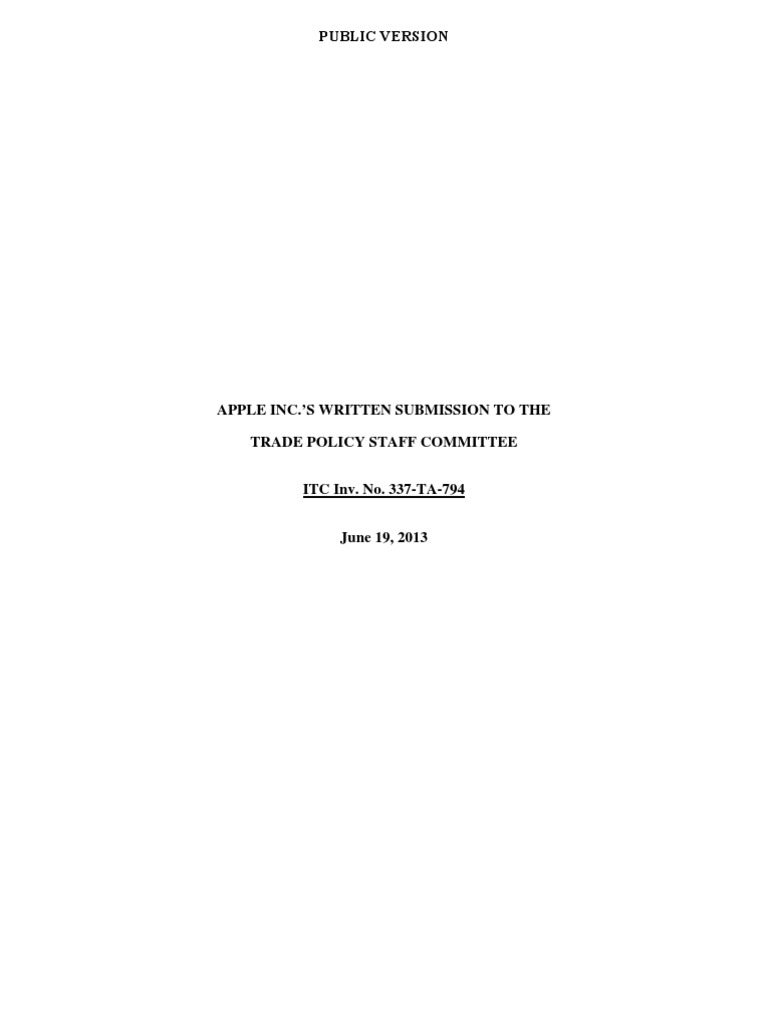 Apple Submission To USTR Re. ITC Exclusion Order PDF Injunction I