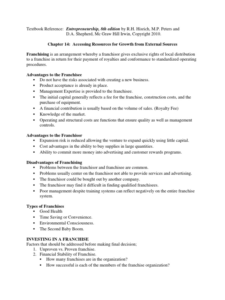 Entrepreneurship Chapter 14 - Accessing Resources | PDF | Franchising ...